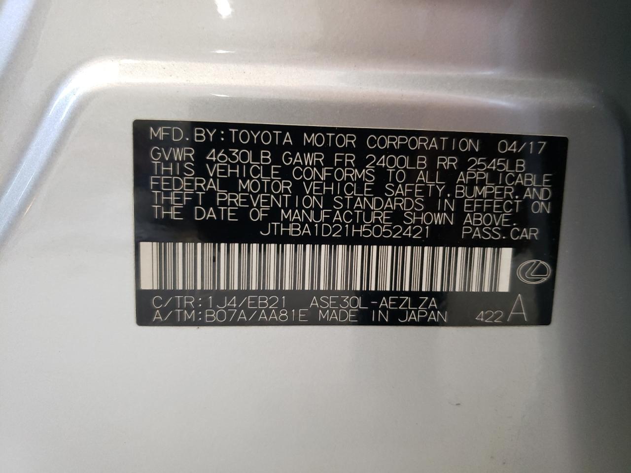 JTHBA1D21H5052421 2017 Lexus Is 200T