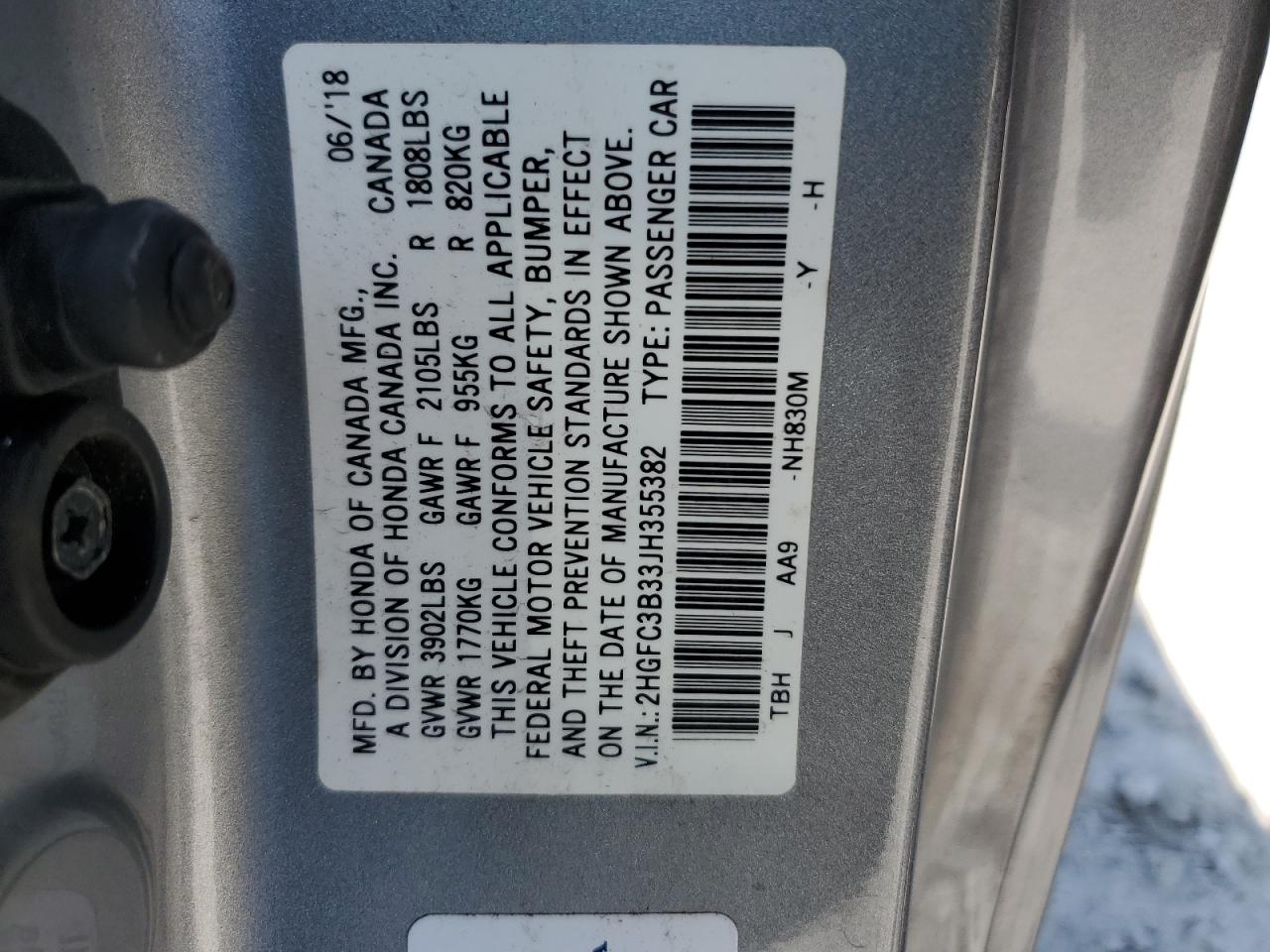 2HGFC3B33JH355382 2018 Honda Civic Ex