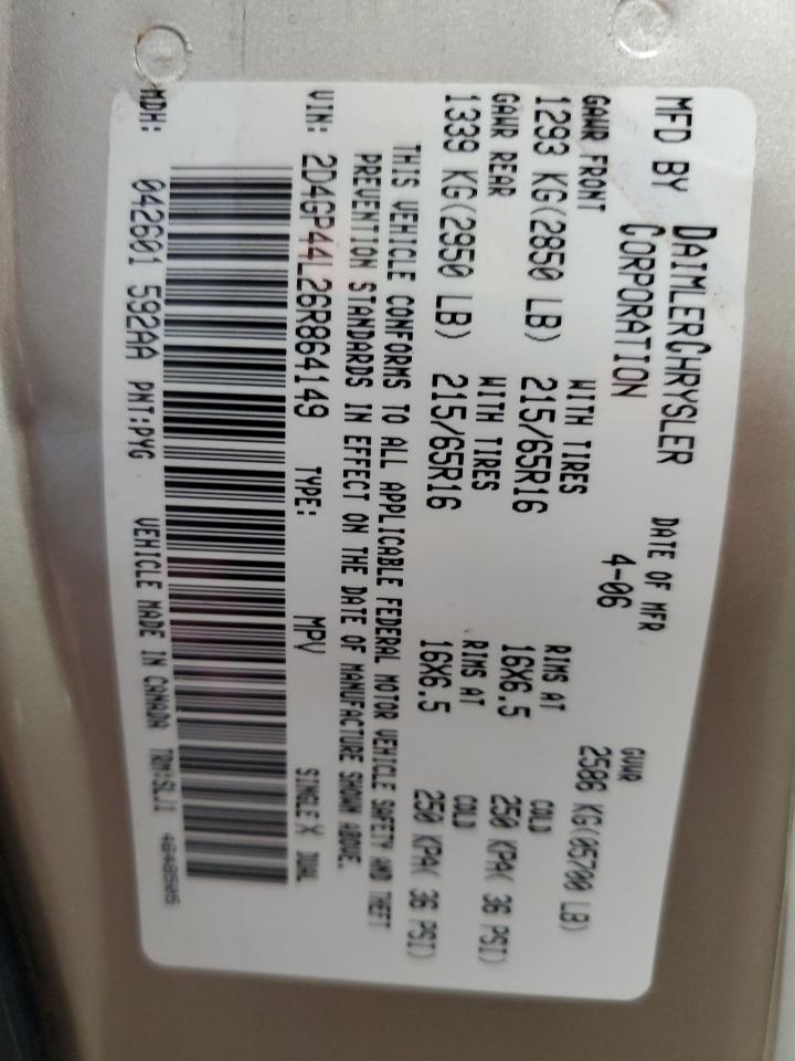 2D4GP44L26R864149 2006 Dodge Grand Caravan Sxt