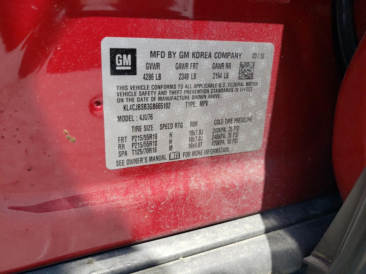 KL4CJBSB3GB665102 2016 Buick Encore Convenience