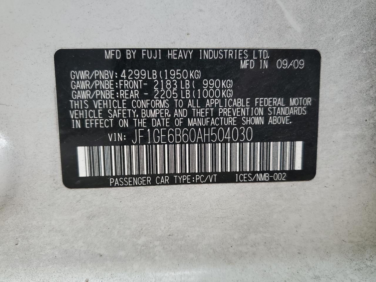 JF1GE6B60AH504030 2010 Subaru Impreza 2.5I Premium