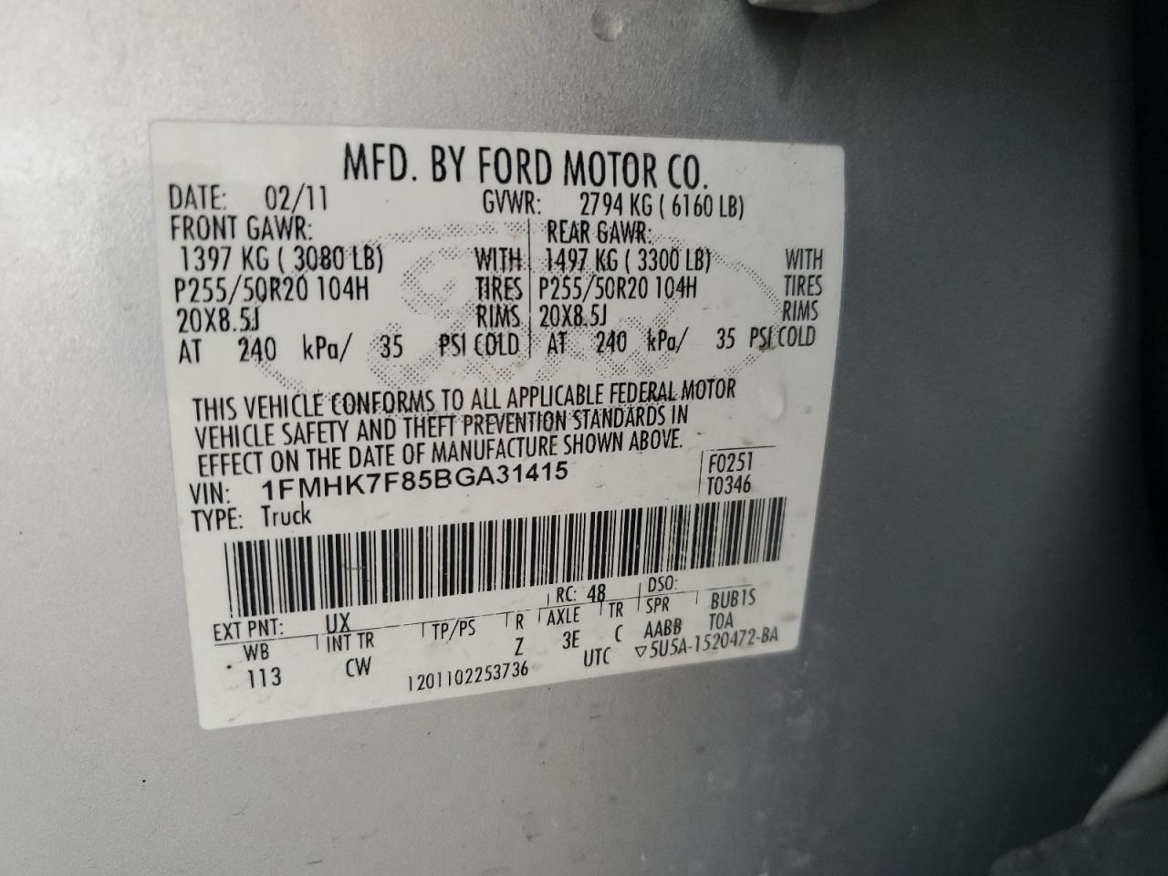 1FMHK7F85BGA31415 2011 Ford Explorer Limited