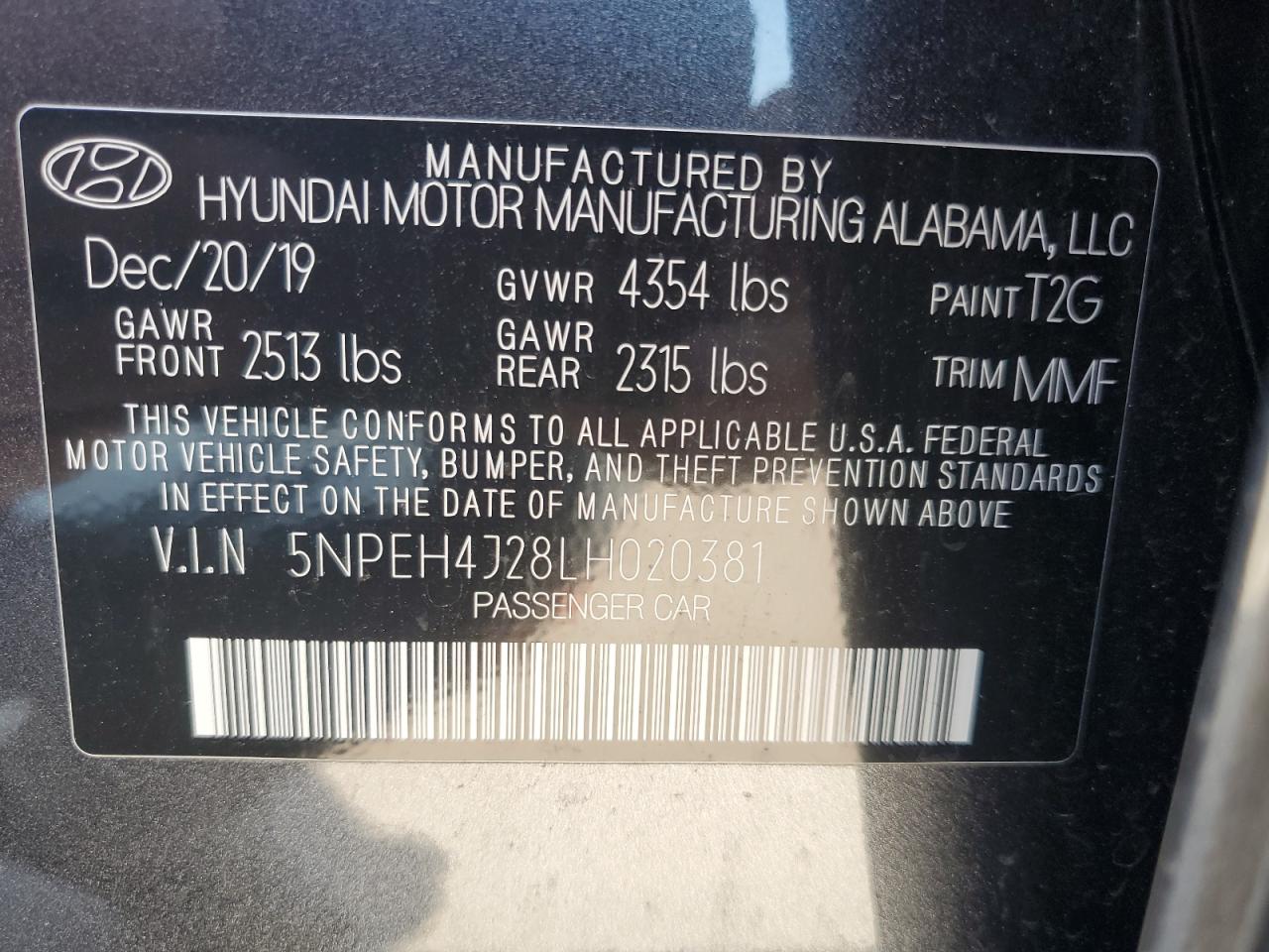 5NPEH4J28LH020381 2020 Hyundai Sonata Limited