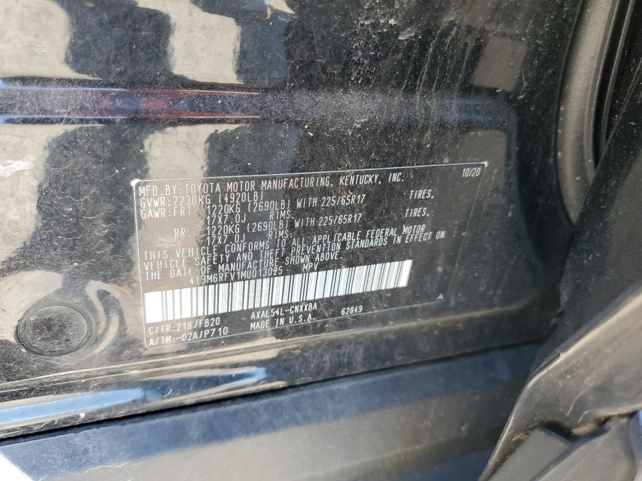 4T3M6RFV1MU013025 2021 Toyota Rav4 Le