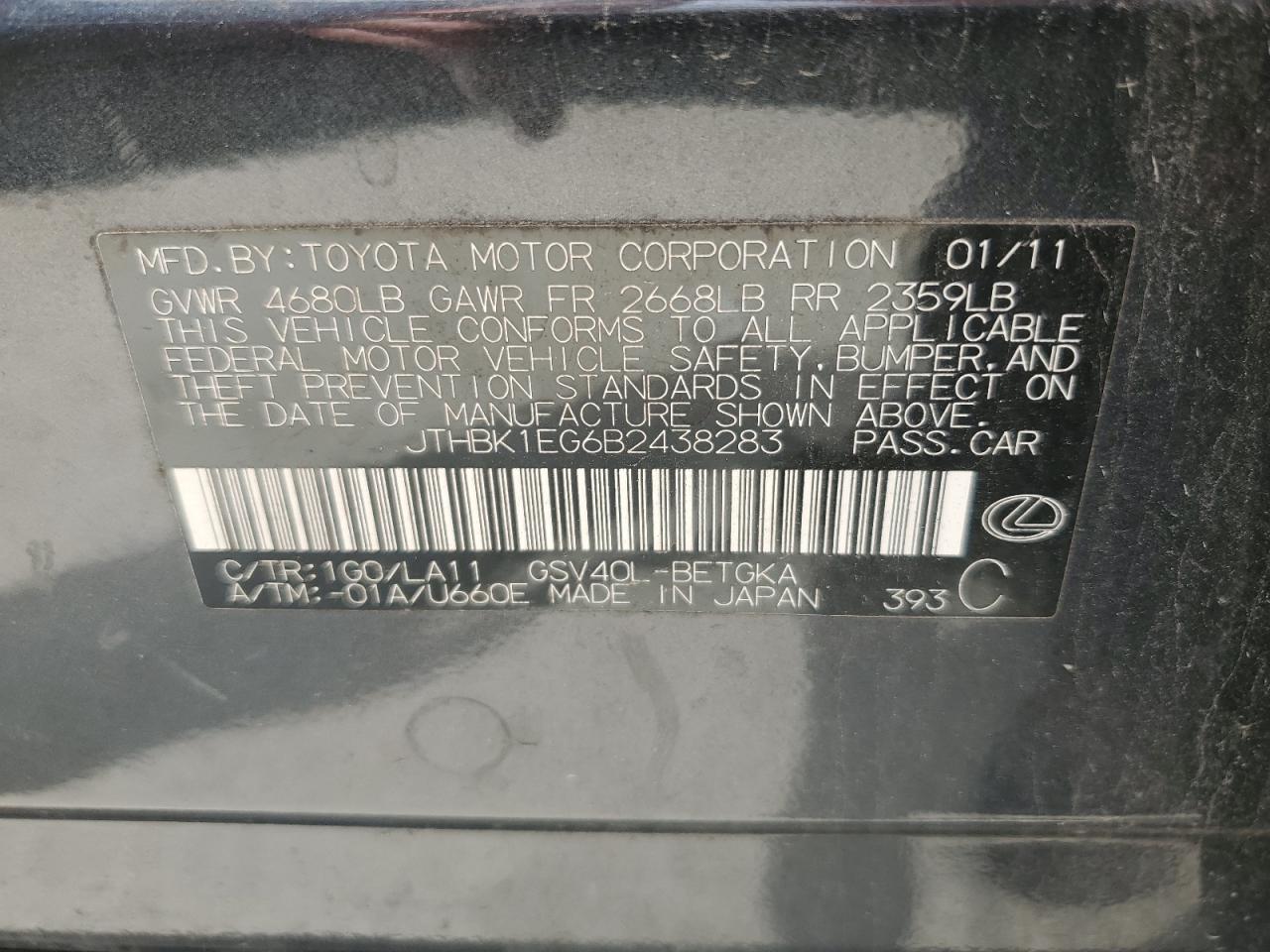 JTHBK1EG6B2438283 2011 Lexus Es 350