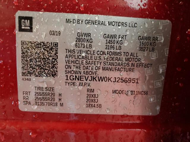 2019 Chevrolet Traverse High Country VIN: 1GNEVJKW0KJ256951 Lot: 57763974