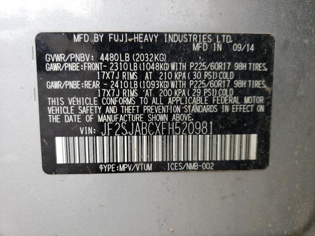 2015 Subaru Forester 2.5I VIN: JF2SJABCXFH520981 Lot: 58774124