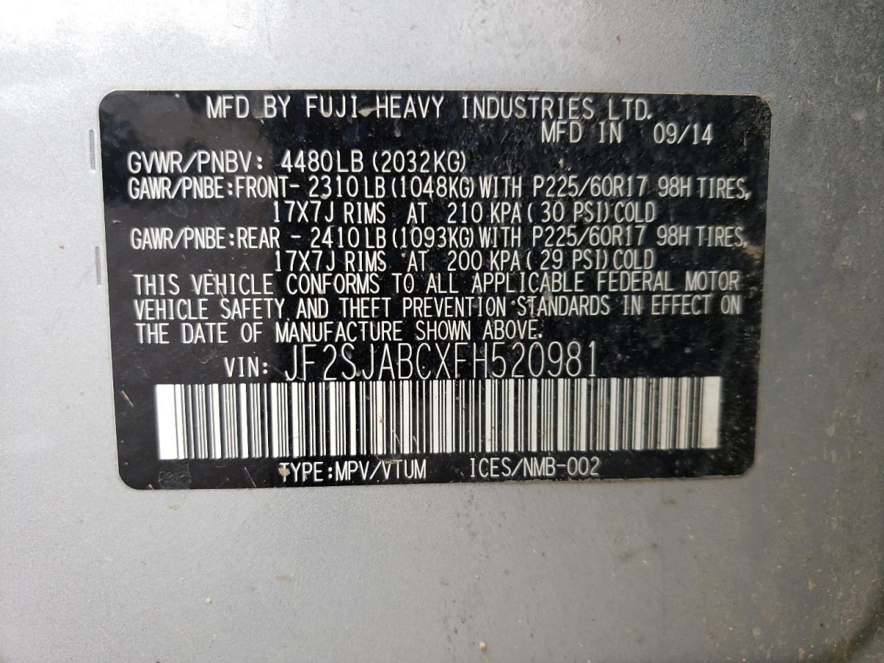 JF2SJABCXFH520981 2015 Subaru Forester 2.5I