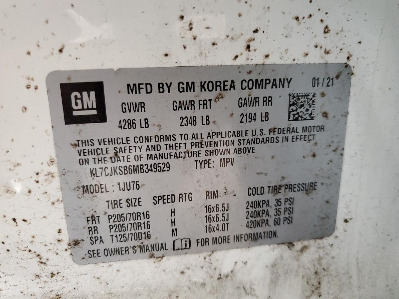 KL7CJKSB6MB349529 2021 Chevrolet Trax Ls