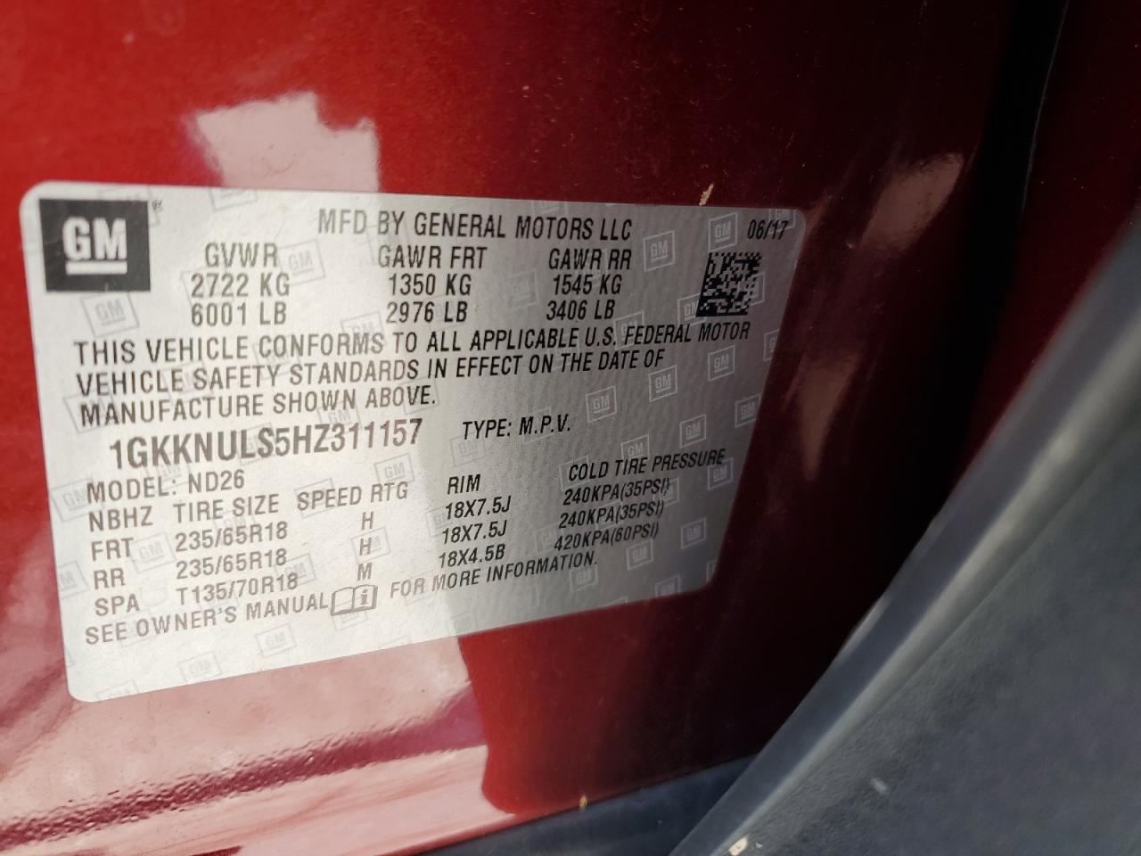 1GKKNULS5HZ311157 2017 GMC Acadia Slt-1