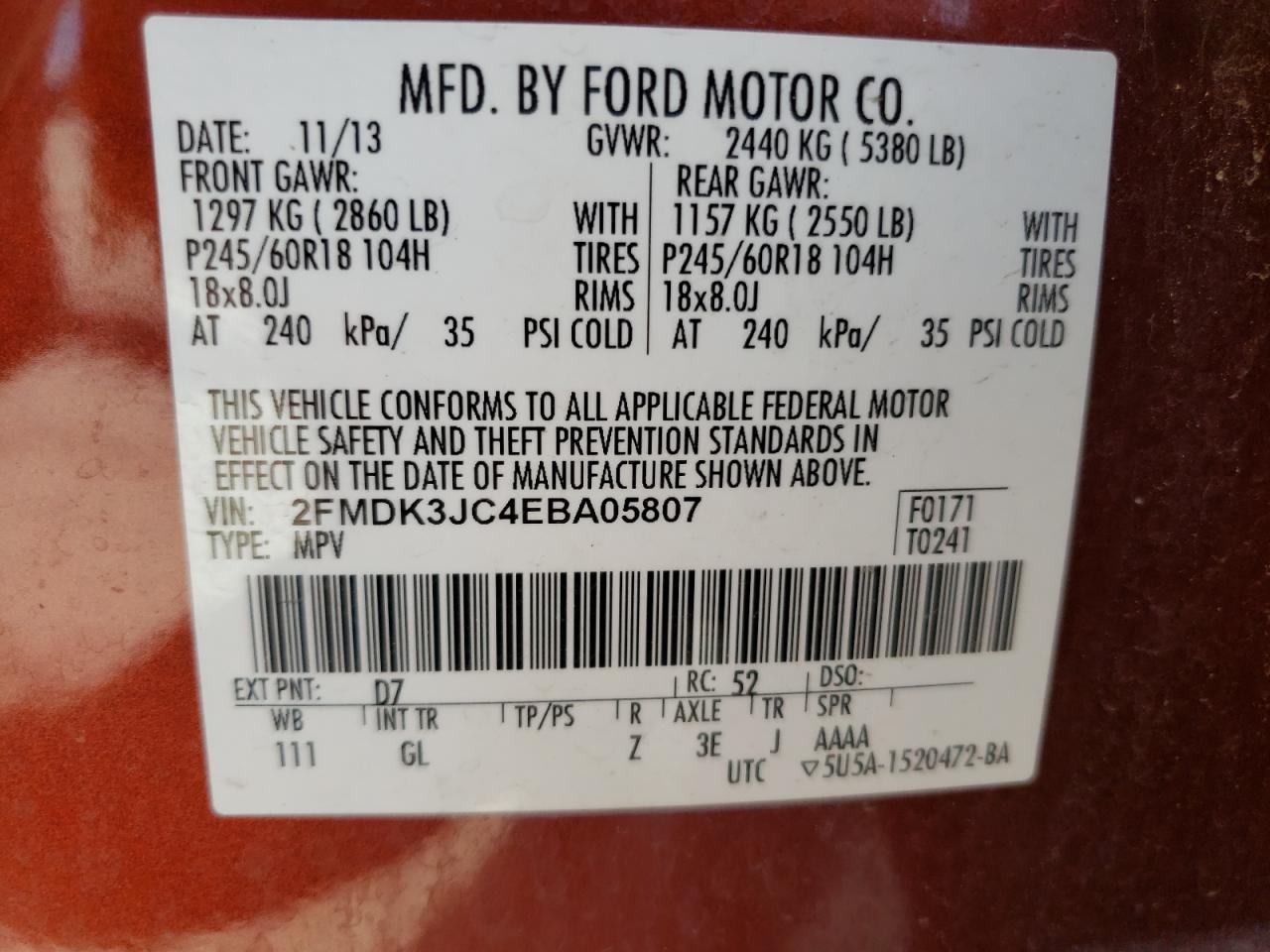 2014 Ford Edge Sel vin: 2FMDK3JC4EBA05807