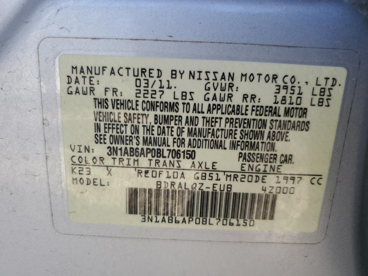 3N1AB6AP0BL706150 2011 Nissan Sentra 2.0