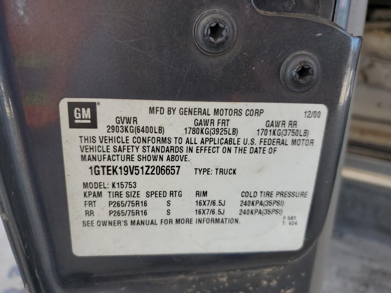 1GTEK19V51Z206657 2001 GMC New Sierra K1500