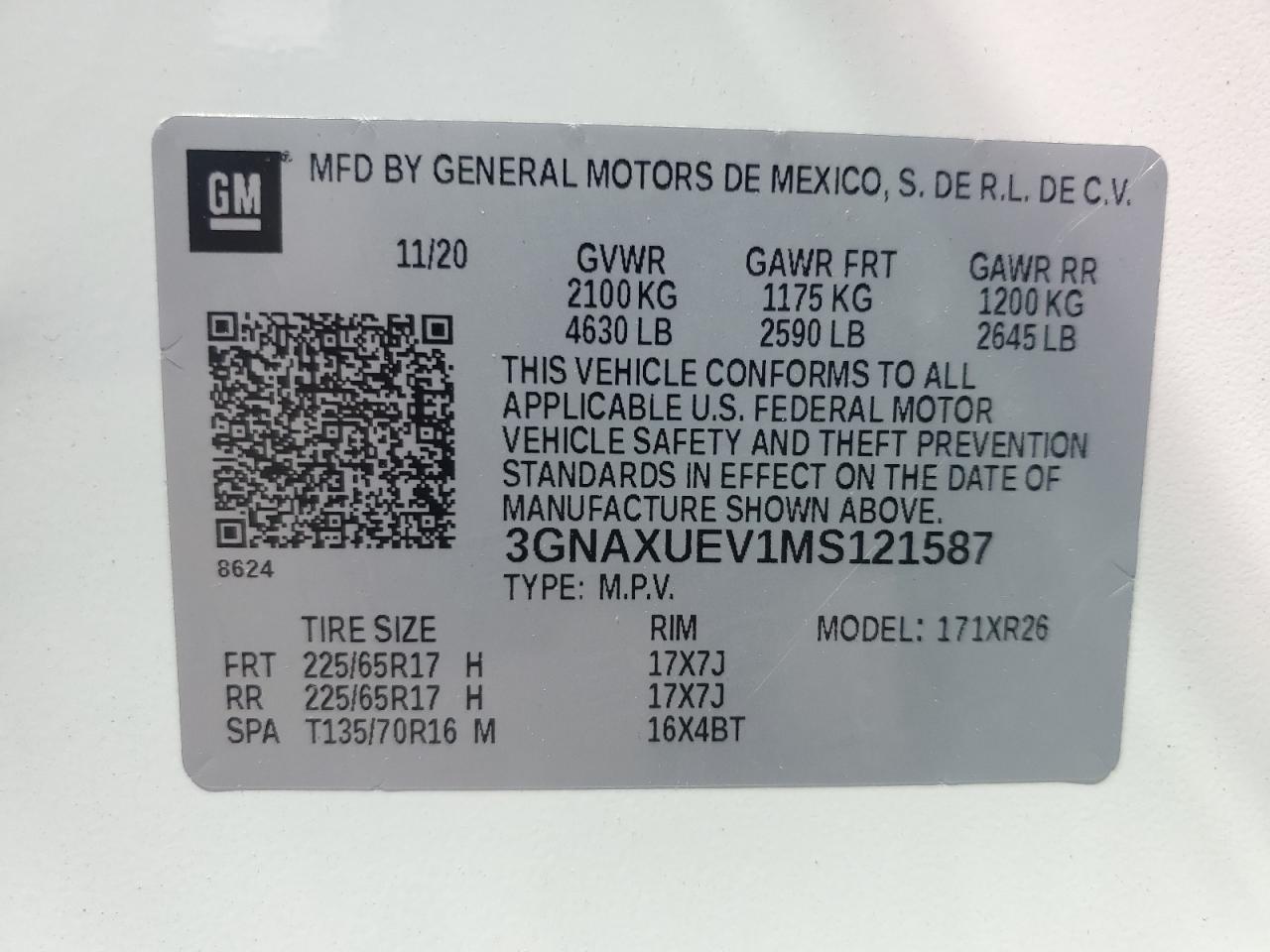 3GNAXUEV1MS121587 2021 Chevrolet Equinox Lt