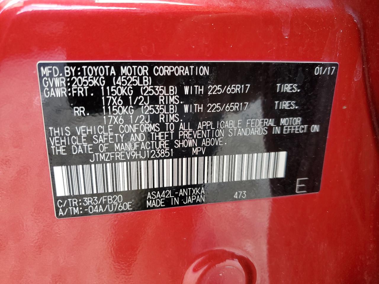 JTMZFREV9HJ123851 2017 Toyota Rav4 Le