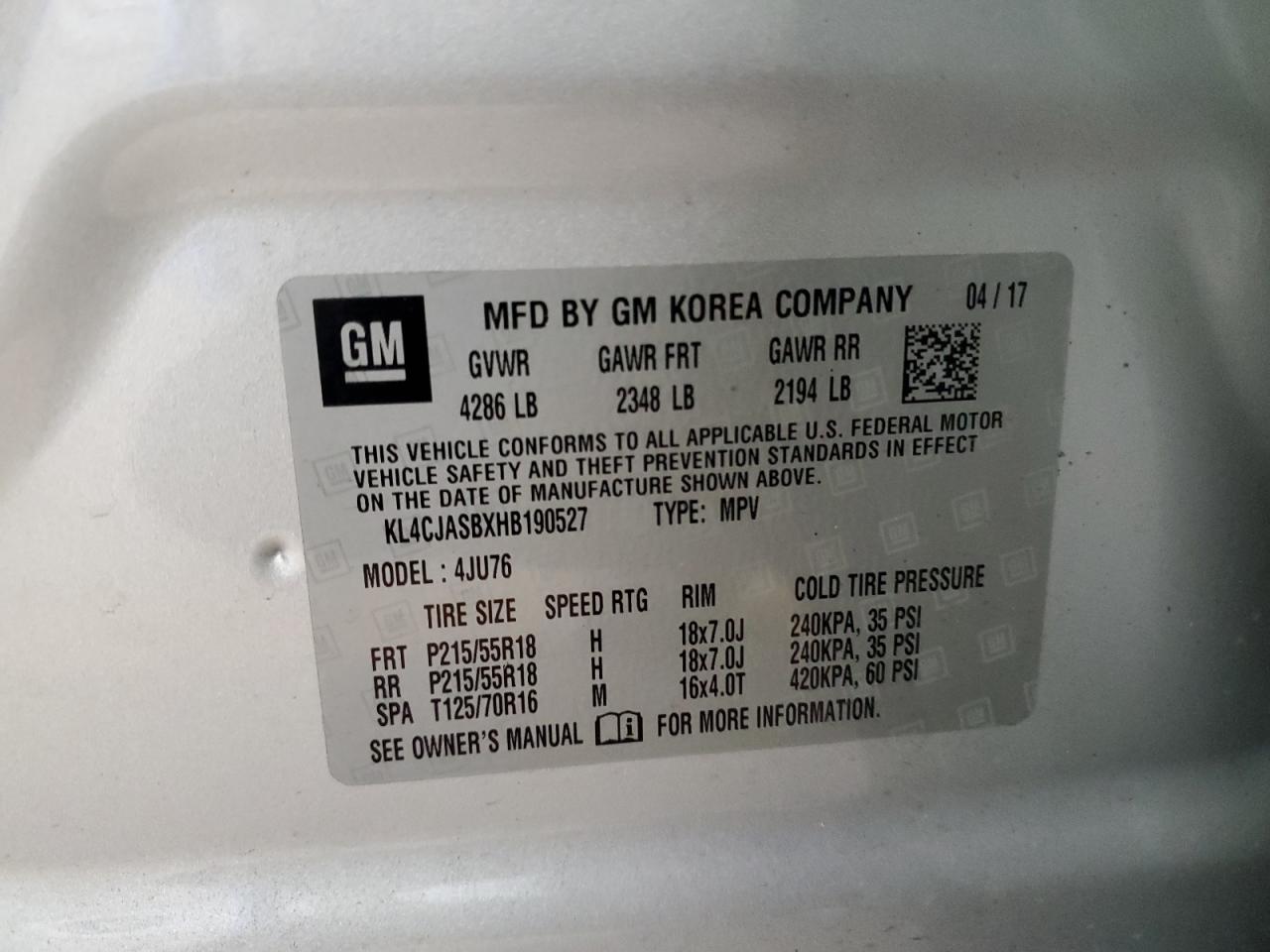 KL4CJASBXHB190527 2017 Buick Encore Preferred