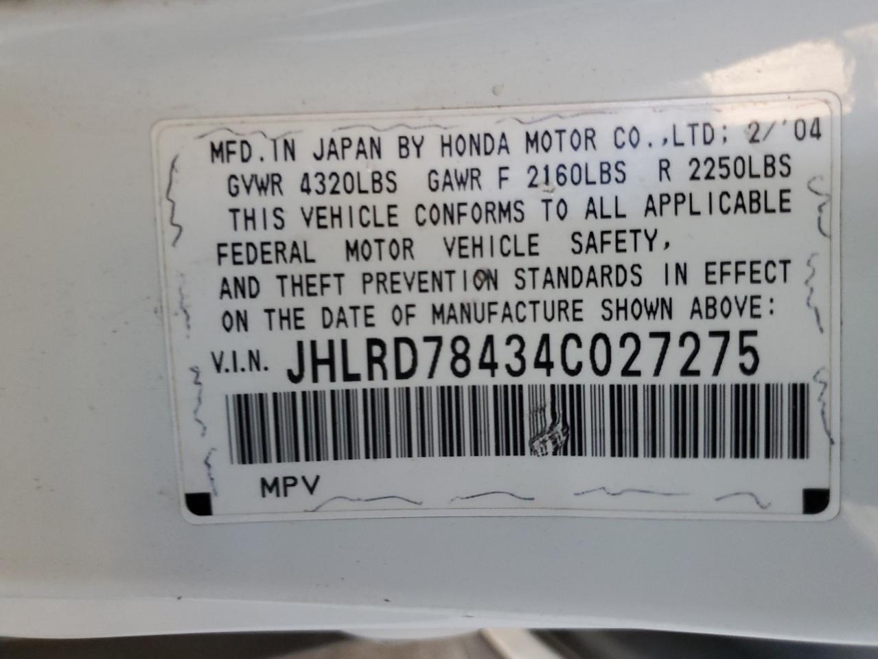 JHLRD78434C027275 2004 Honda Cr-V Lx