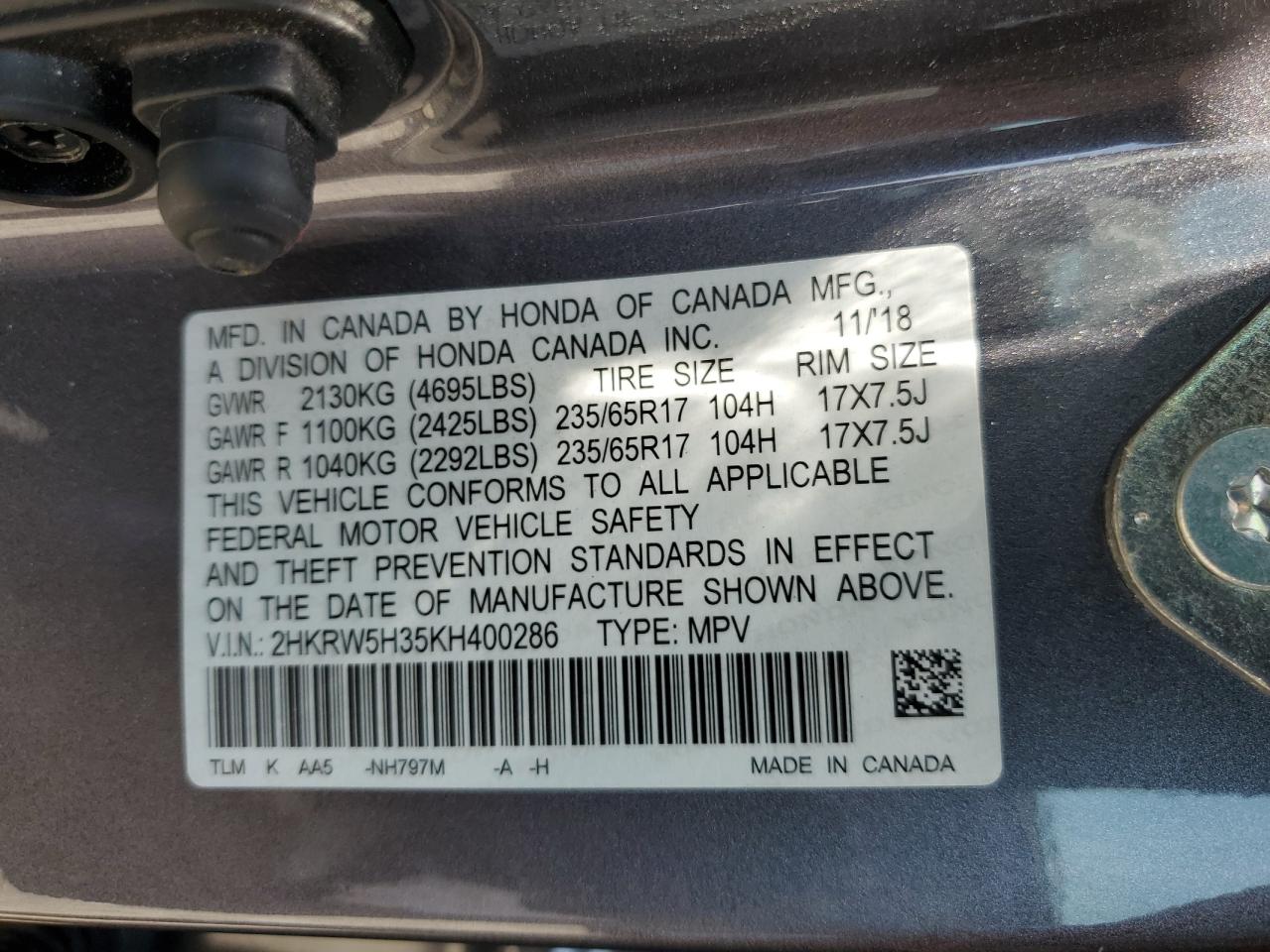 2HKRW5H35KH400286 2019 Honda Cr-V Lx