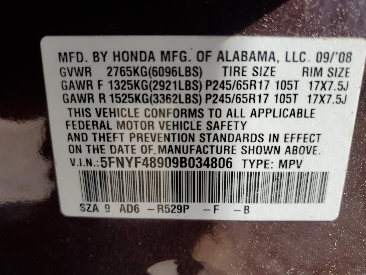 5FNYF48909B034806 2009 Honda Pilot Touring