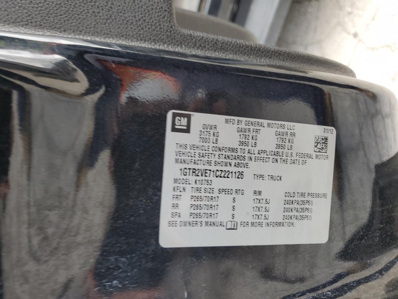 1GTR2VE71CZ221126 2012 GMC Sierra K1500 Sle