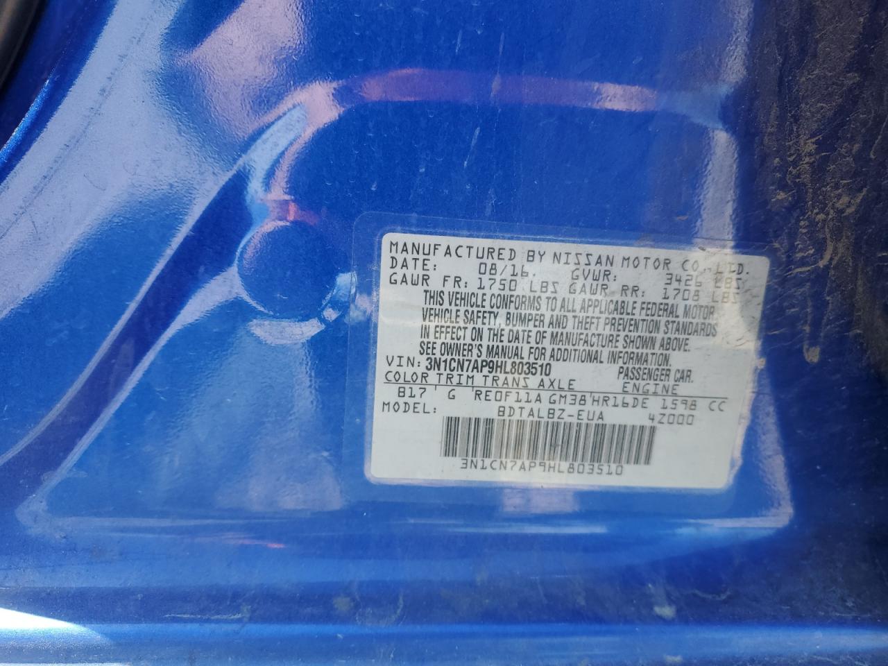 3N1CN7AP9HL803510 2017 Nissan Versa S