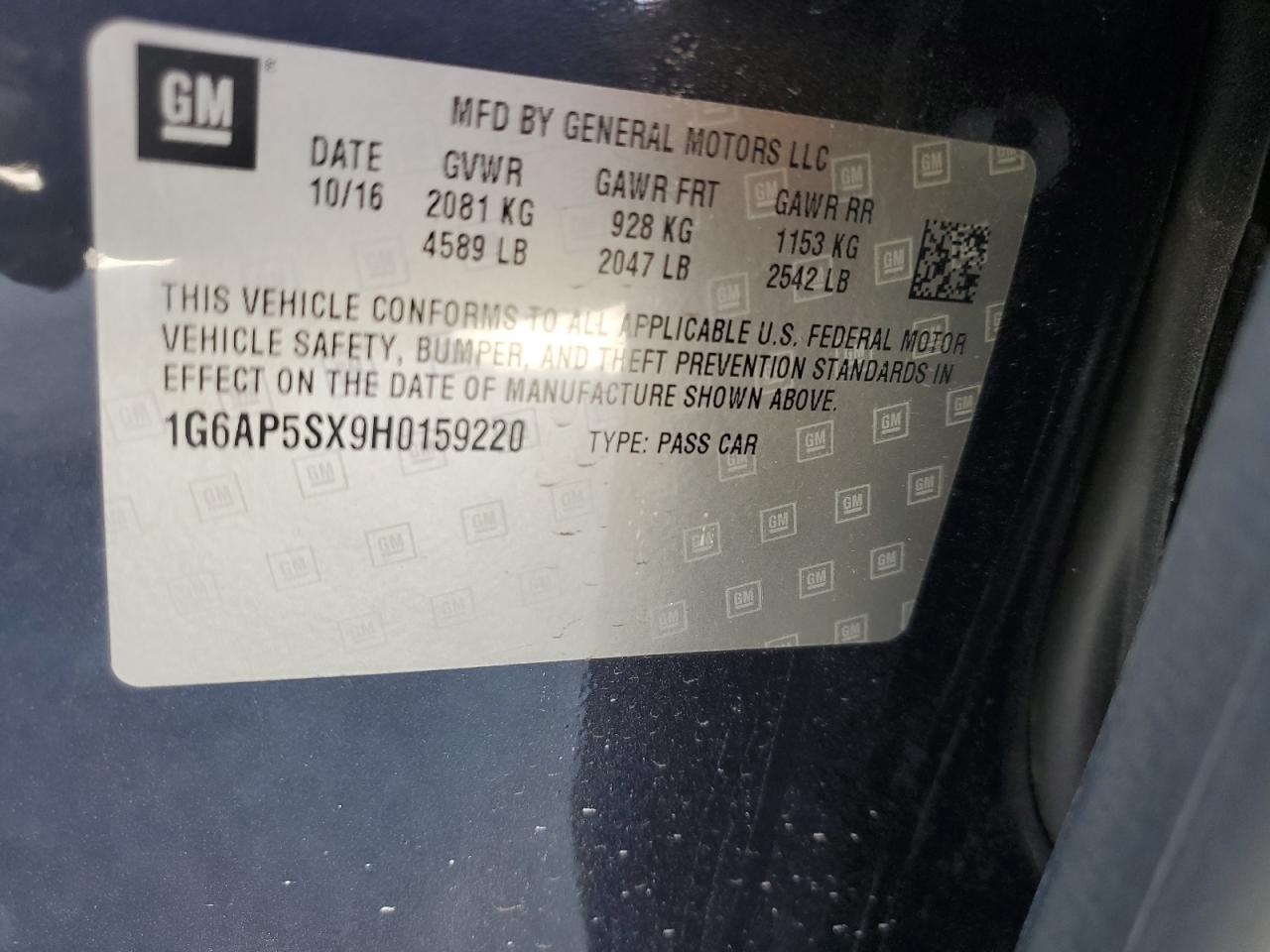 1G6AP5SX9H0159220 2017 Cadillac Cts