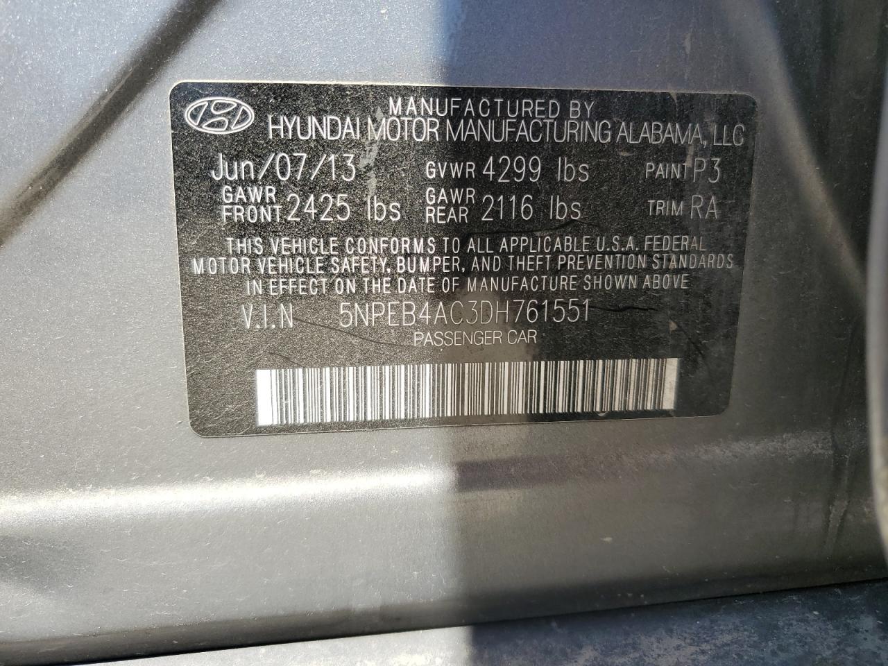 5NPEB4AC3DH761551 2013 Hyundai Sonata Gls