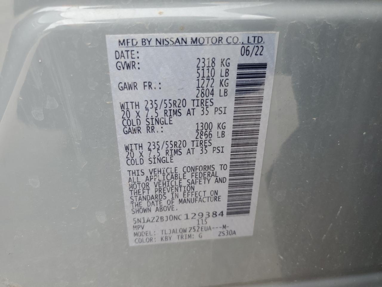 5N1AZ2BJ0NC129384 2022 Nissan Murano Sv