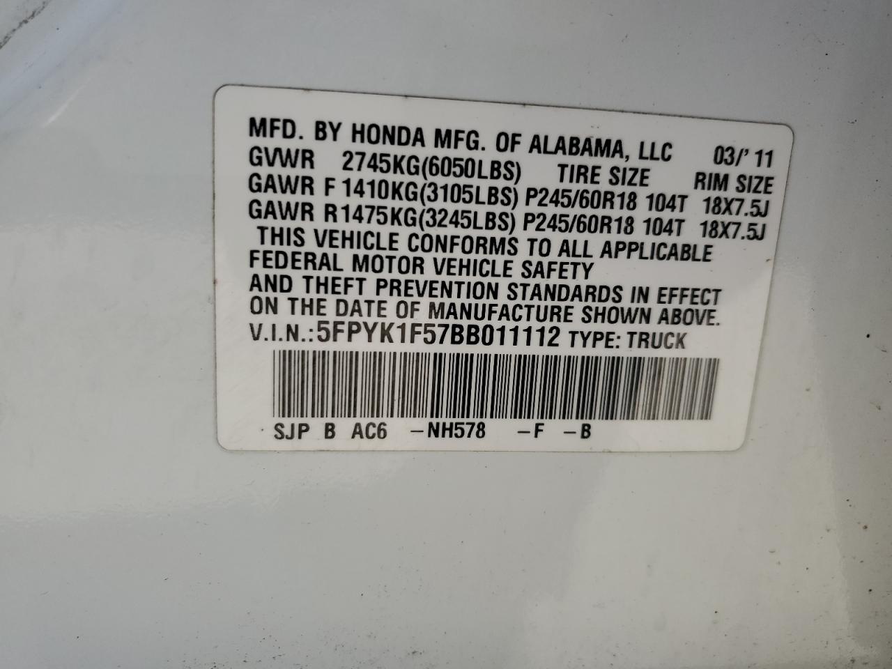 5FPYK1F57BB011112 2011 Honda Ridgeline Rtl