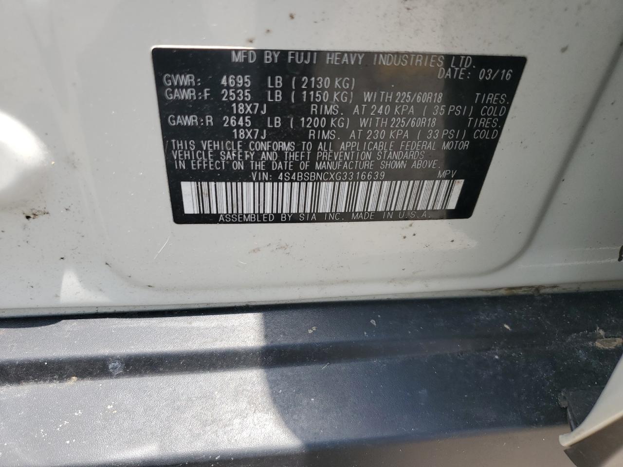 4S4BSBNCXG3316639 2016 Subaru Outback 2.5I Limited