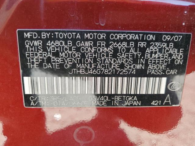 2008 Lexus Es 350 VIN: JTHBJ46G782172574 Lot: 58263414