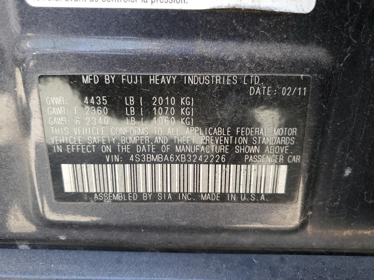 4S3BMBA6XB3242226 2011 Subaru Legacy 2.5I