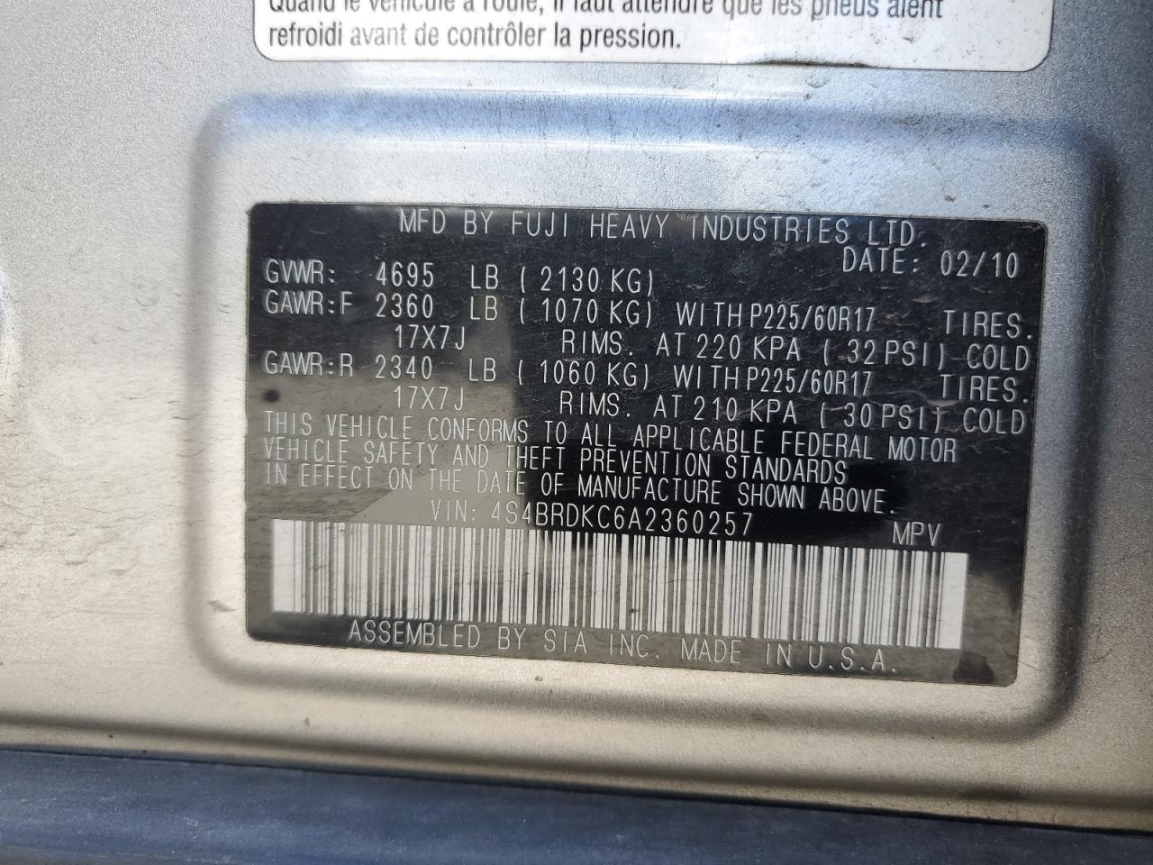 4S4BRDKC6A2360257 2010 Subaru Outback 3.6R Limited