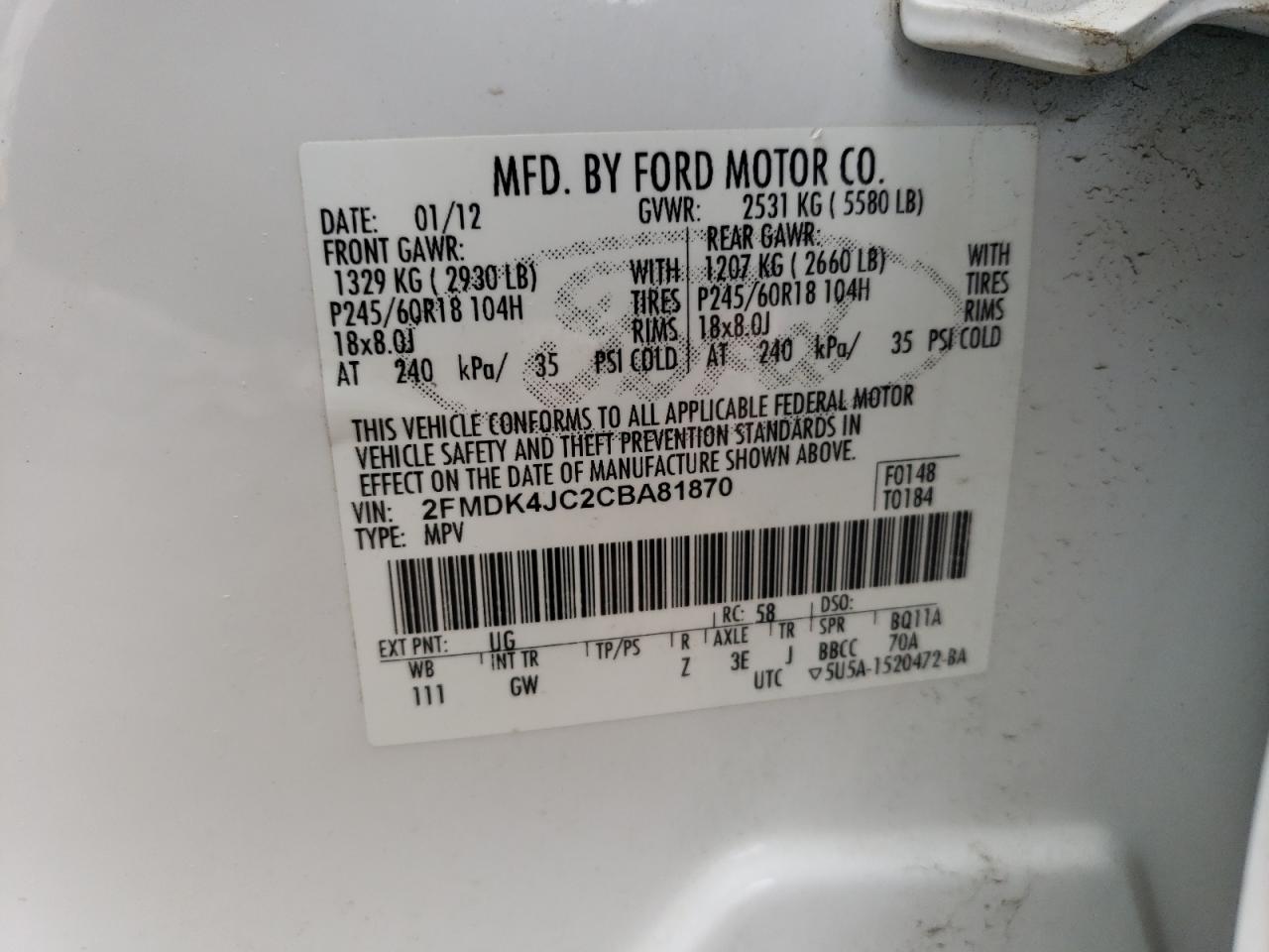 2FMDK4JC2CBA81870 2012 Ford Edge Sel