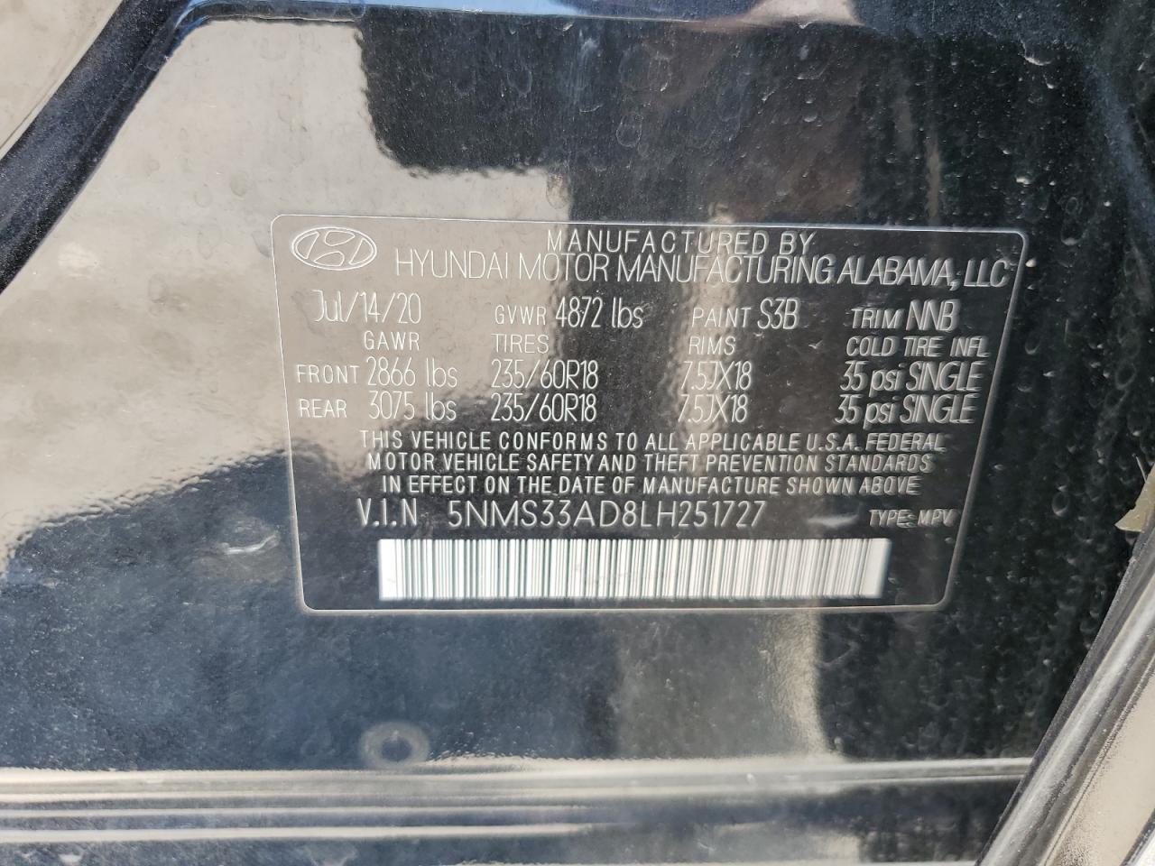 5NMS33AD8LH251727 2020 Hyundai Santa Fe Sel