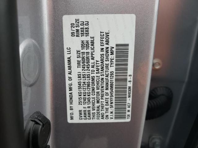 2021 Honda Pilot Exl VIN: 5FNYF5H54MB011265 Lot: 59061944