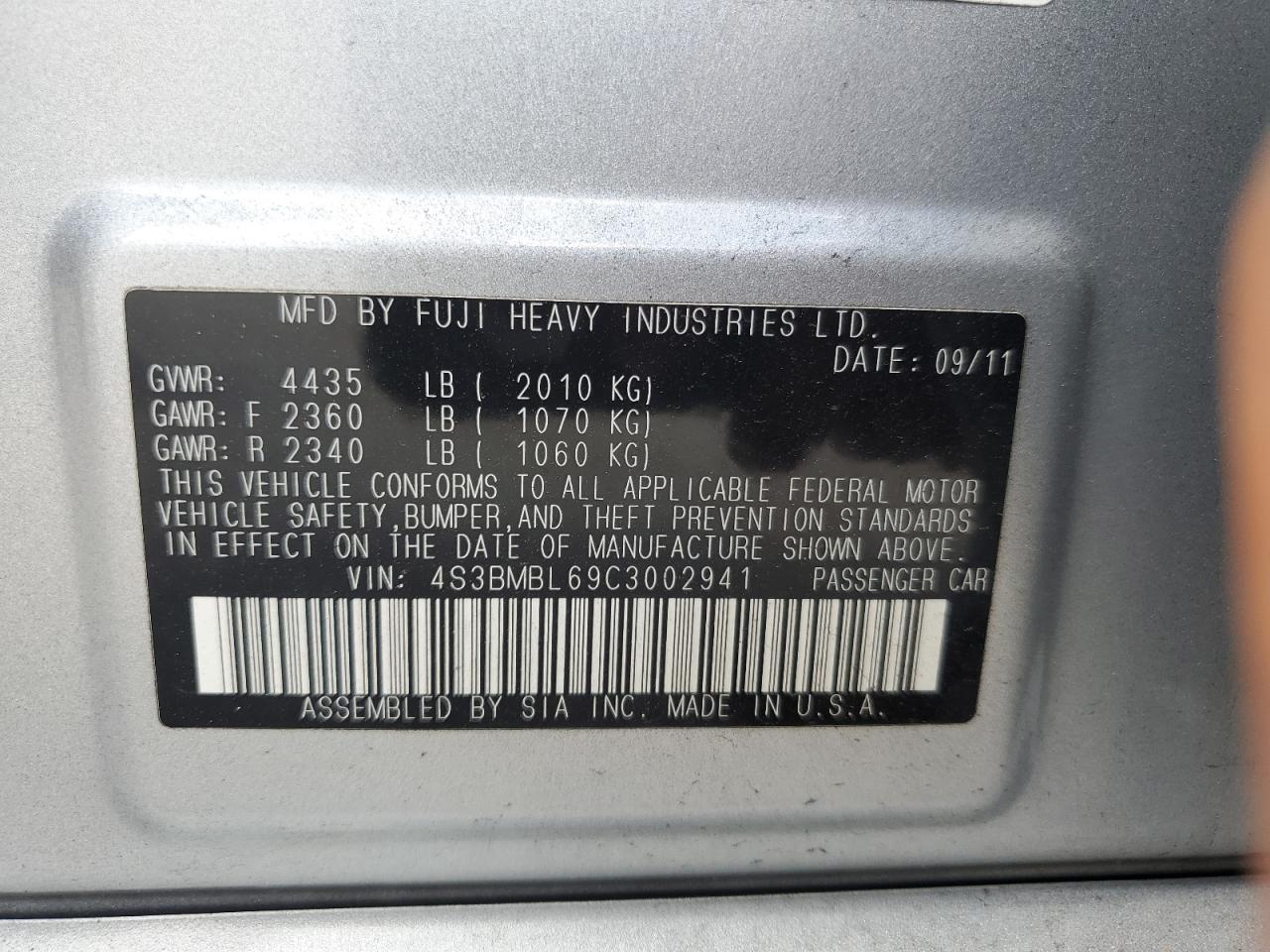 4S3BMBL69C3002941 2012 Subaru Legacy 2.5I Limited