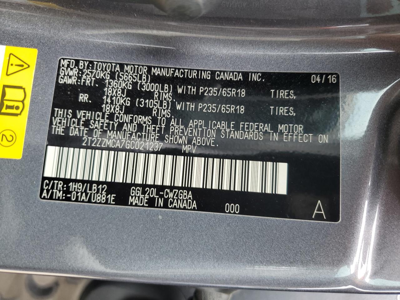 2T2ZZMCA7GC021237 2016 Lexus Rx 350