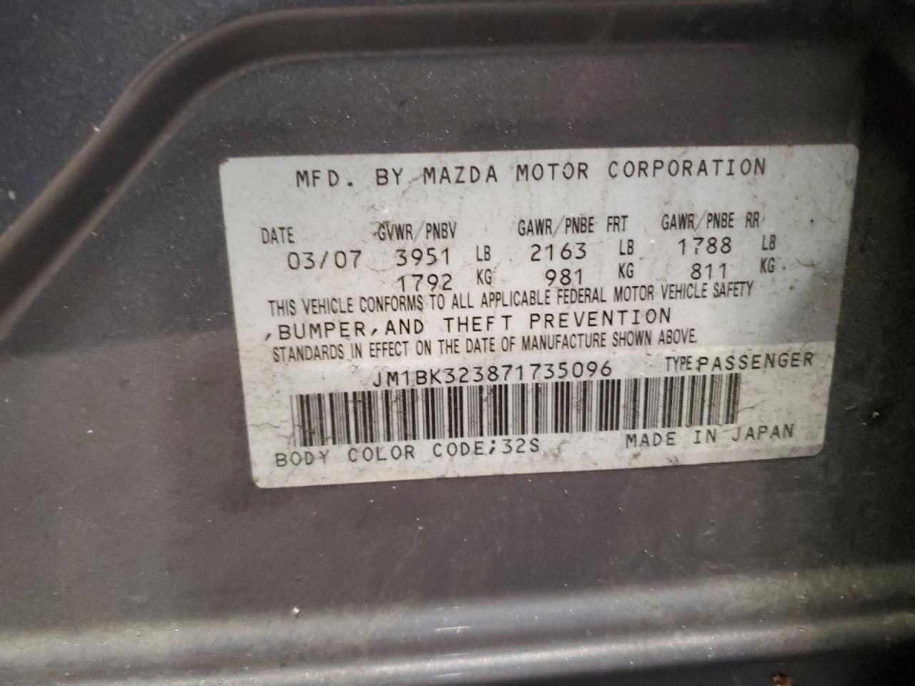 JM1BK323871735096 2007 Mazda 3 S