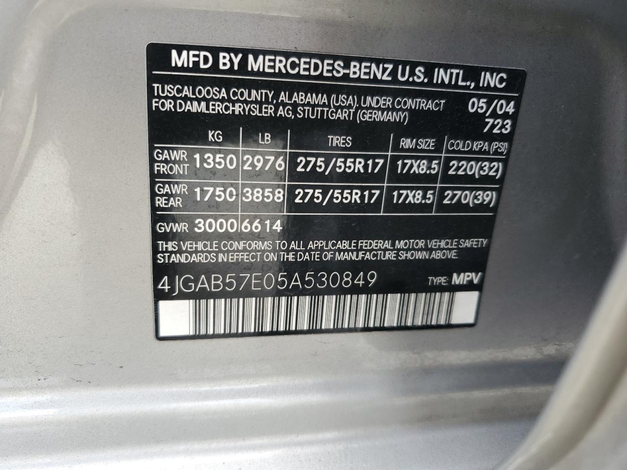 4JGAB57E05A530849 2005 Mercedes-Benz Ml 350