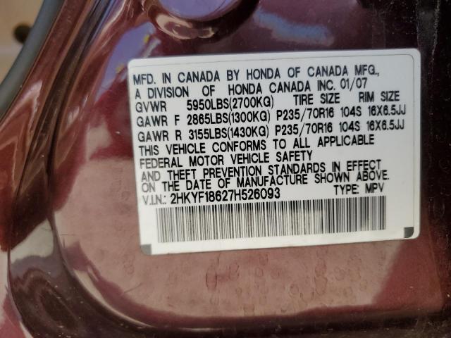 2007 Honda Pilot Exl VIN: 2HKYF18627H526093 Lot: 59913564