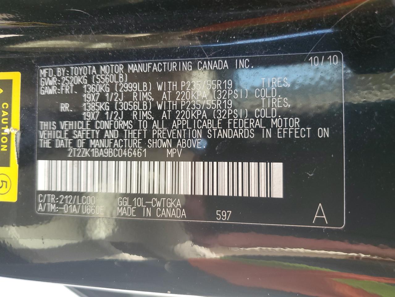 2T2ZK1BA9BC046461 2011 Lexus Rx 350