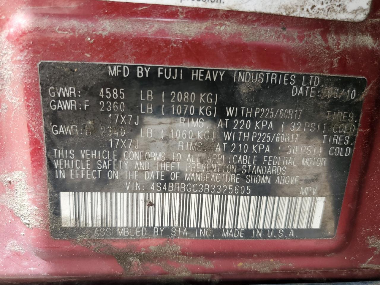 4S4BRBGC3B3325605 2011 Subaru Outback 2.5I Premium