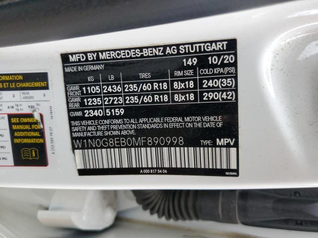 2021 Mercedes-Benz Glc 300 4Matic VIN: W1N0G8EB0MF890998 Lot: 60990514