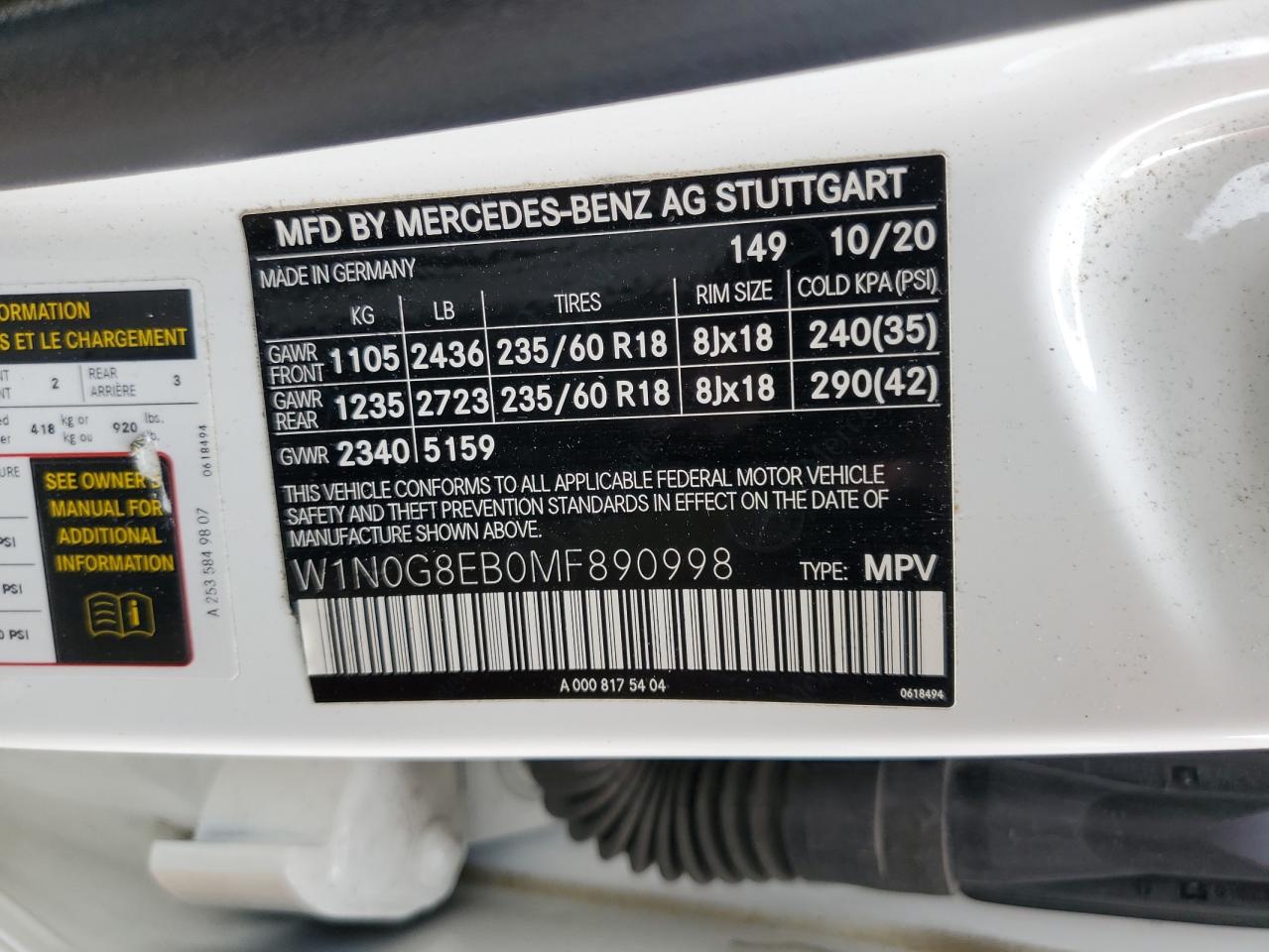 W1N0G8EB0MF890998 2021 Mercedes-Benz Glc 300 4Matic