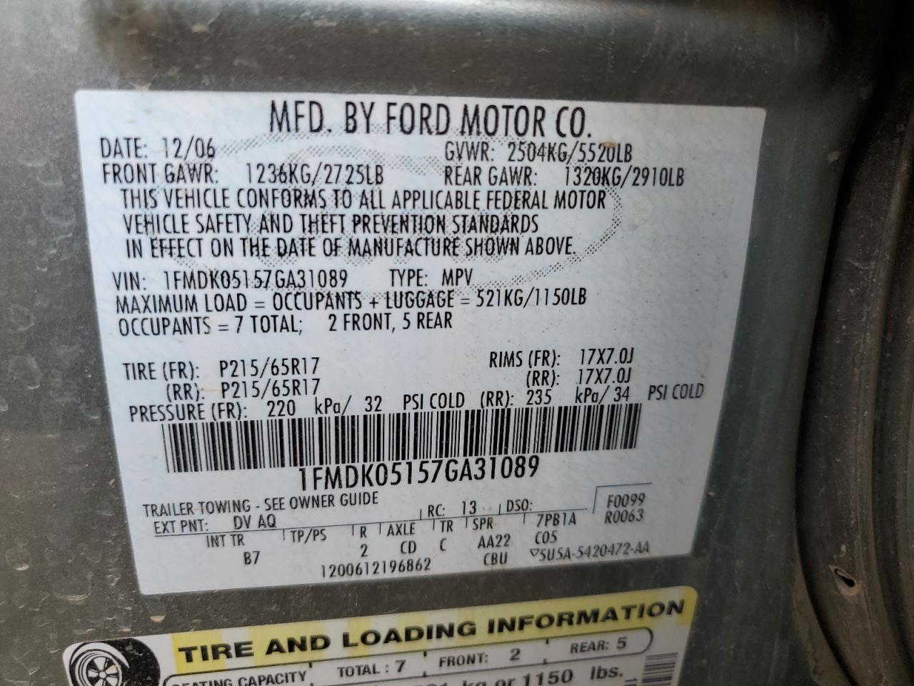 1FMDK05157GA31089 2007 Ford Freestyle Sel