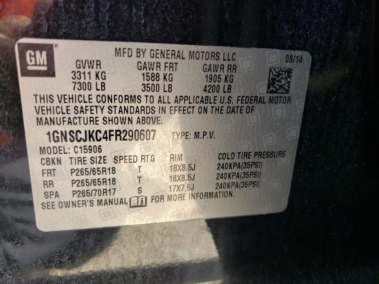 1GNSCJKC4FR290607 2015 Chevrolet Suburban C1500 Lt