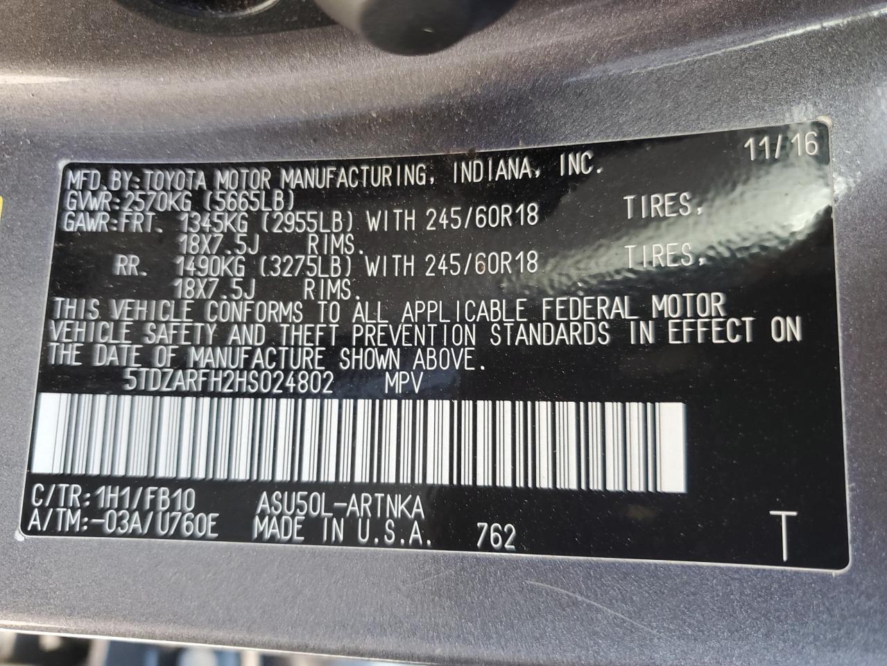 5TDZARFH2HS024802 2017 Toyota Highlander Le