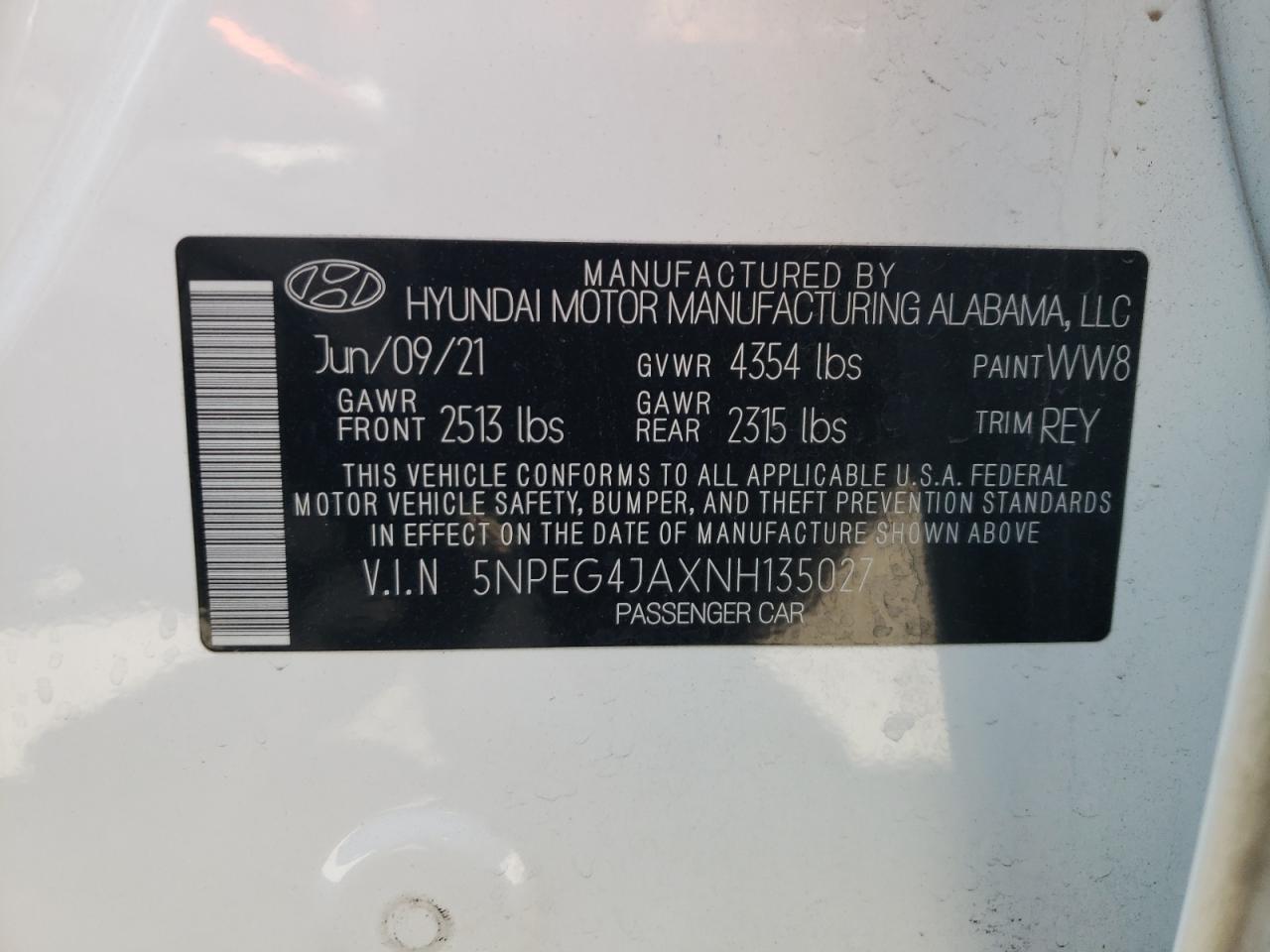 5NPEG4JAXNH135027 2022 Hyundai Sonata Se