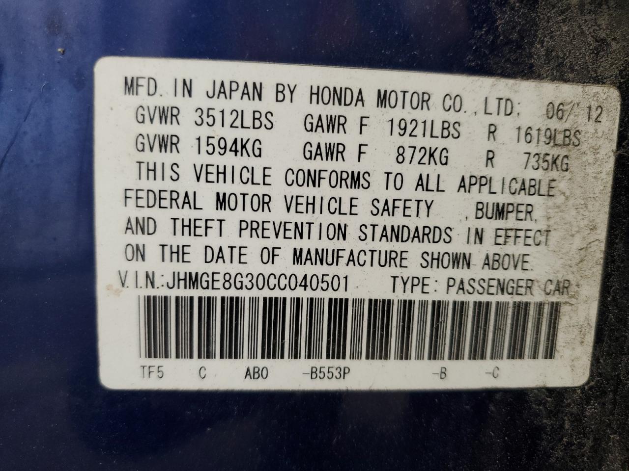 JHMGE8G30CC040501 2012 Honda Fit